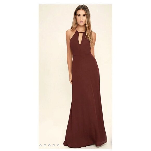 Lulus Beauty And Grace Burgundy Maxi Dress Keyhole Halter Neck Size Large - Picture 1 of 8
